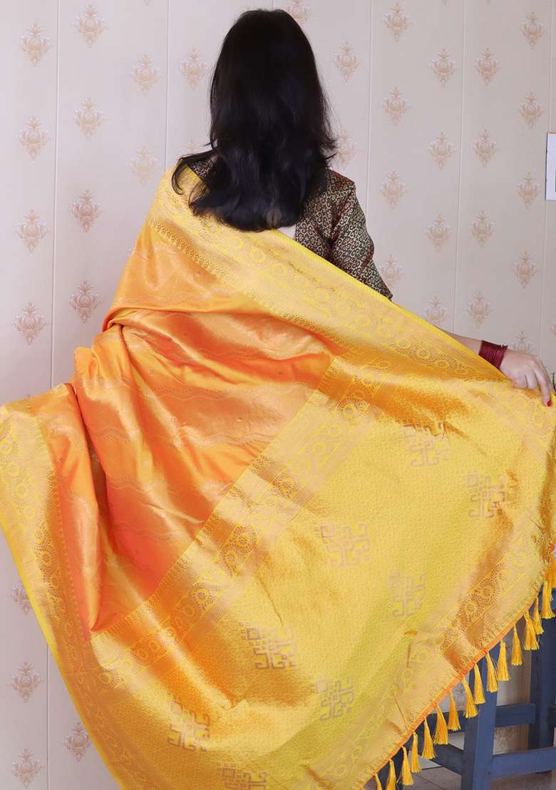 Orange Zari Work Silk Saree Set for Diwali and Festive Wear - Indya