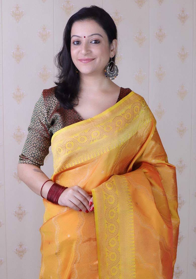 Orange Zari Work Silk Saree Set - Indya