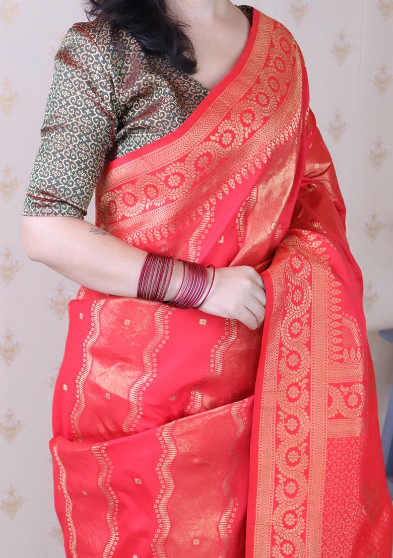 Pink Zari Work Silk Saree Set - Indya