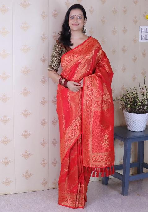 Pink Zari Work Silk Saree Set