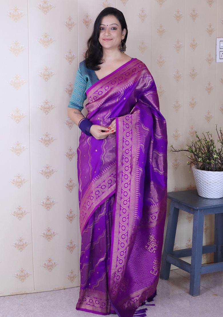 Purple Zari Work Silk Saree Set - Indya