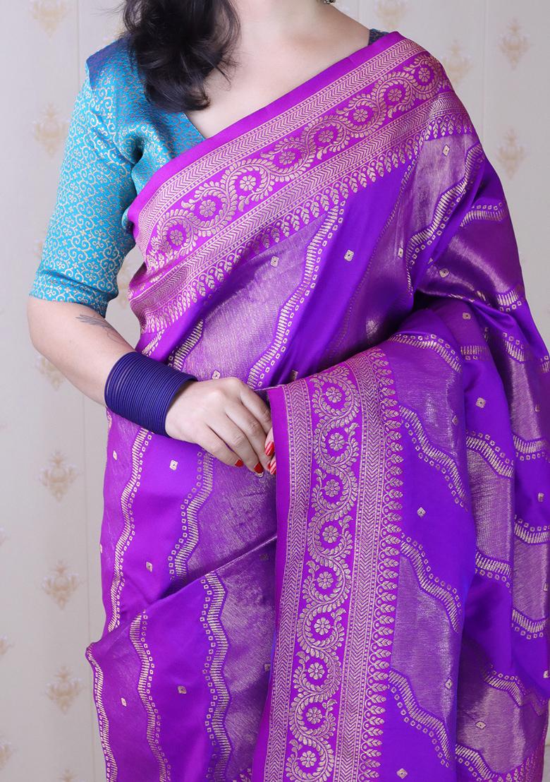 Purple Zari Work Silk Saree Set - Indya