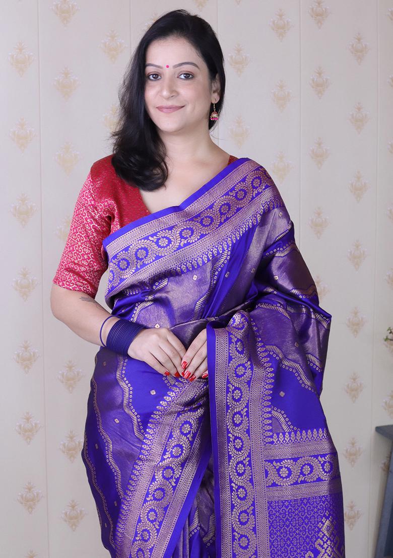 Violet Zari Work Silk Saree Set - Indya