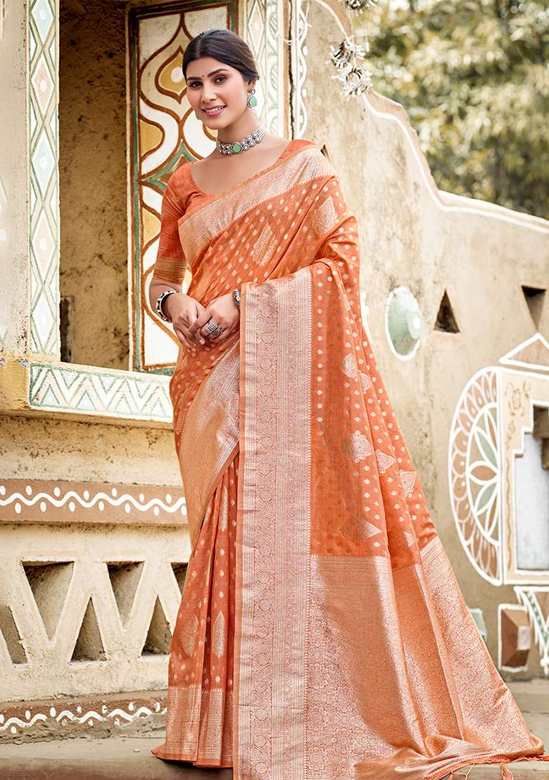 Orange Silk Saree Set with Zari Work for Diwali | Wedding & Festive Wear - Indya
