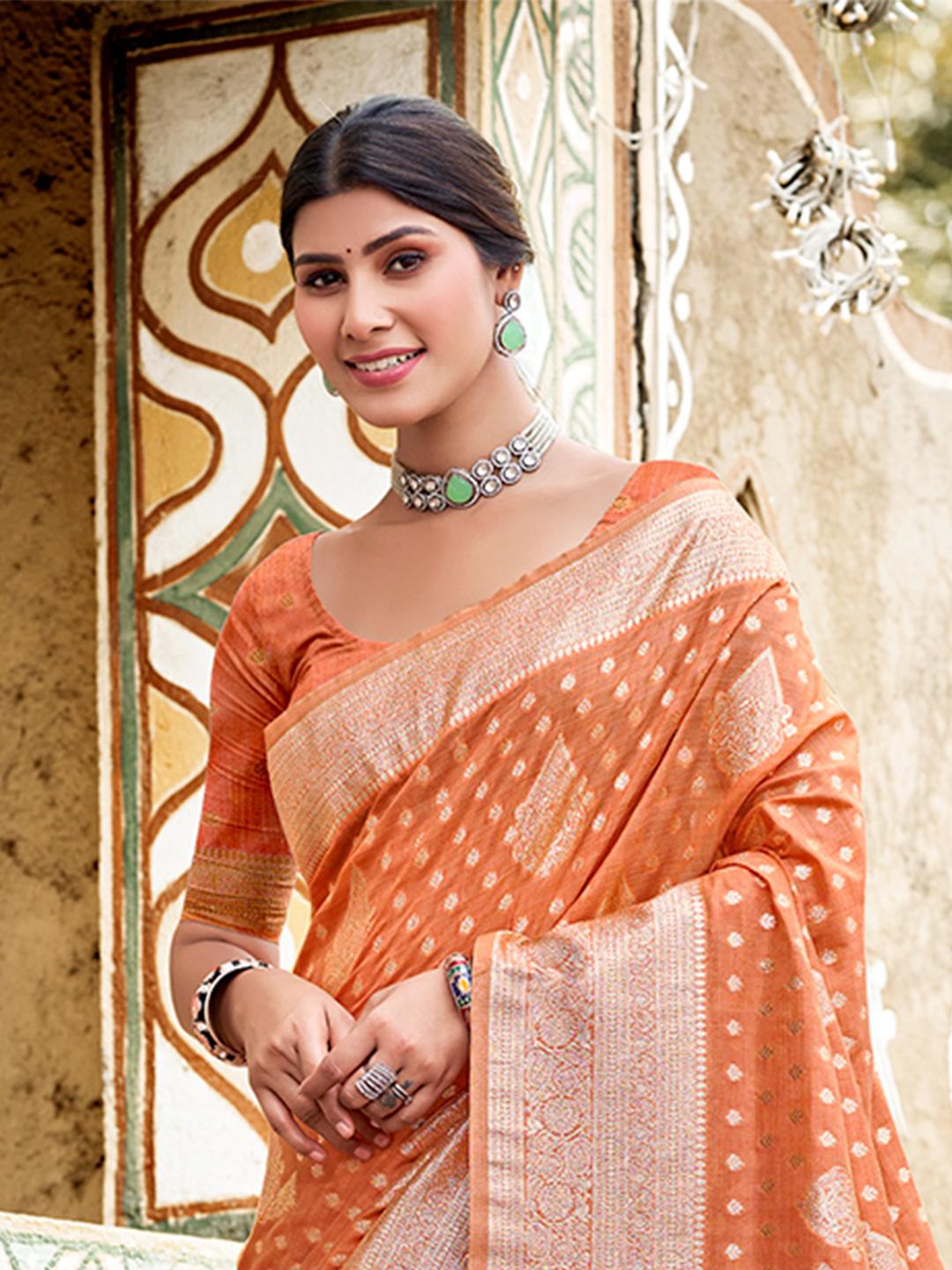 Orange Zari Work Silk Saree Set - Indya