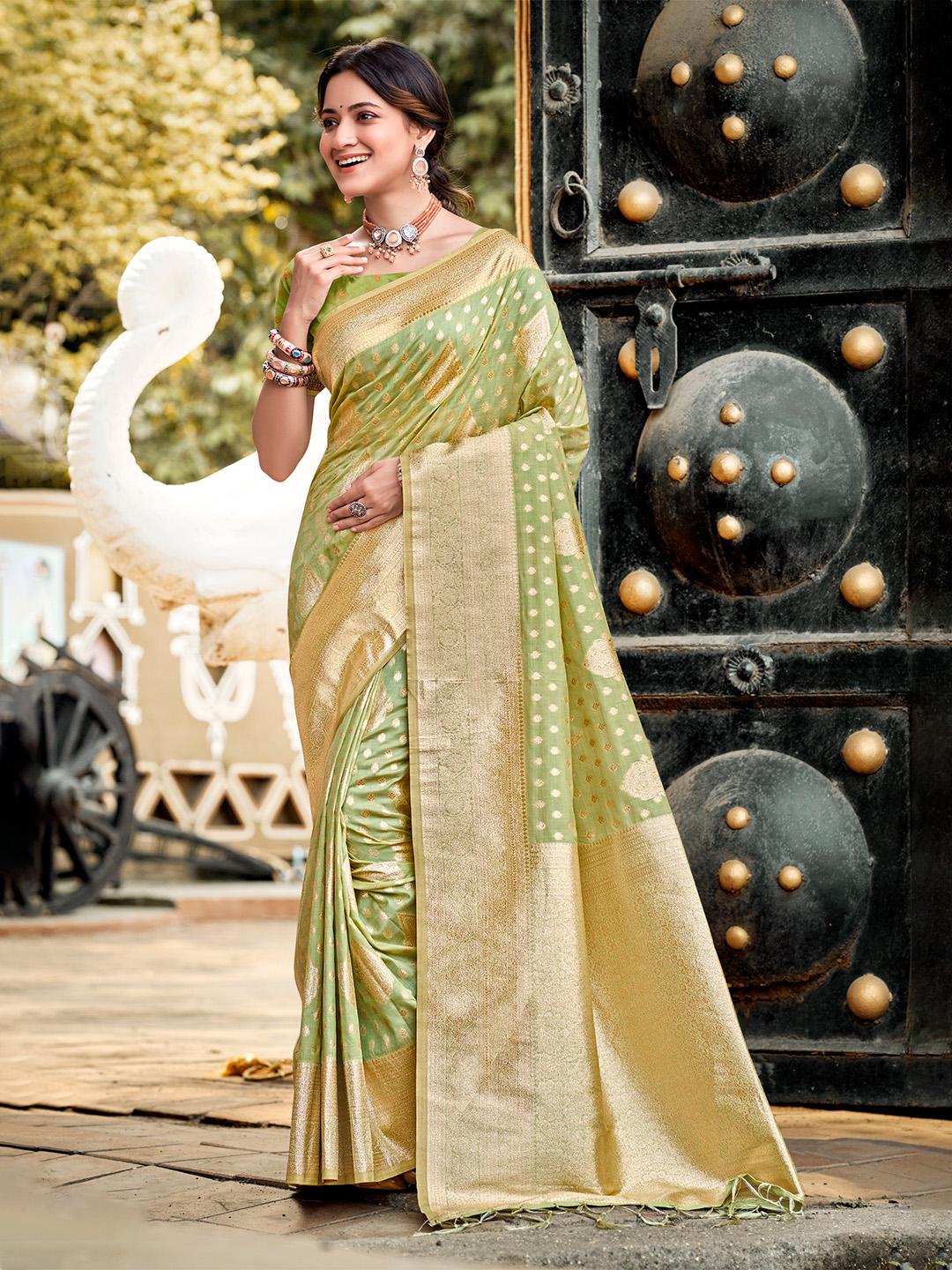 Green Zari Work Silk Saree Set - Indya