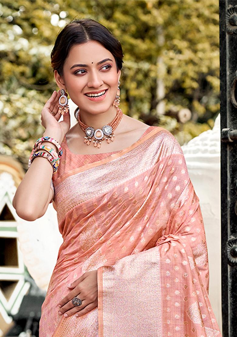 Peach Zari Work Silk Saree Set - Indya