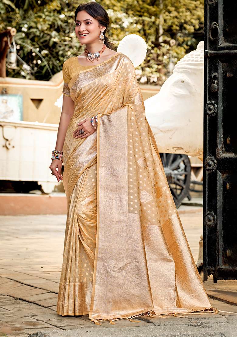 Cream Silk Saree Set with Zari Work for Diwali | Wedding & Festive Wear - Indya
