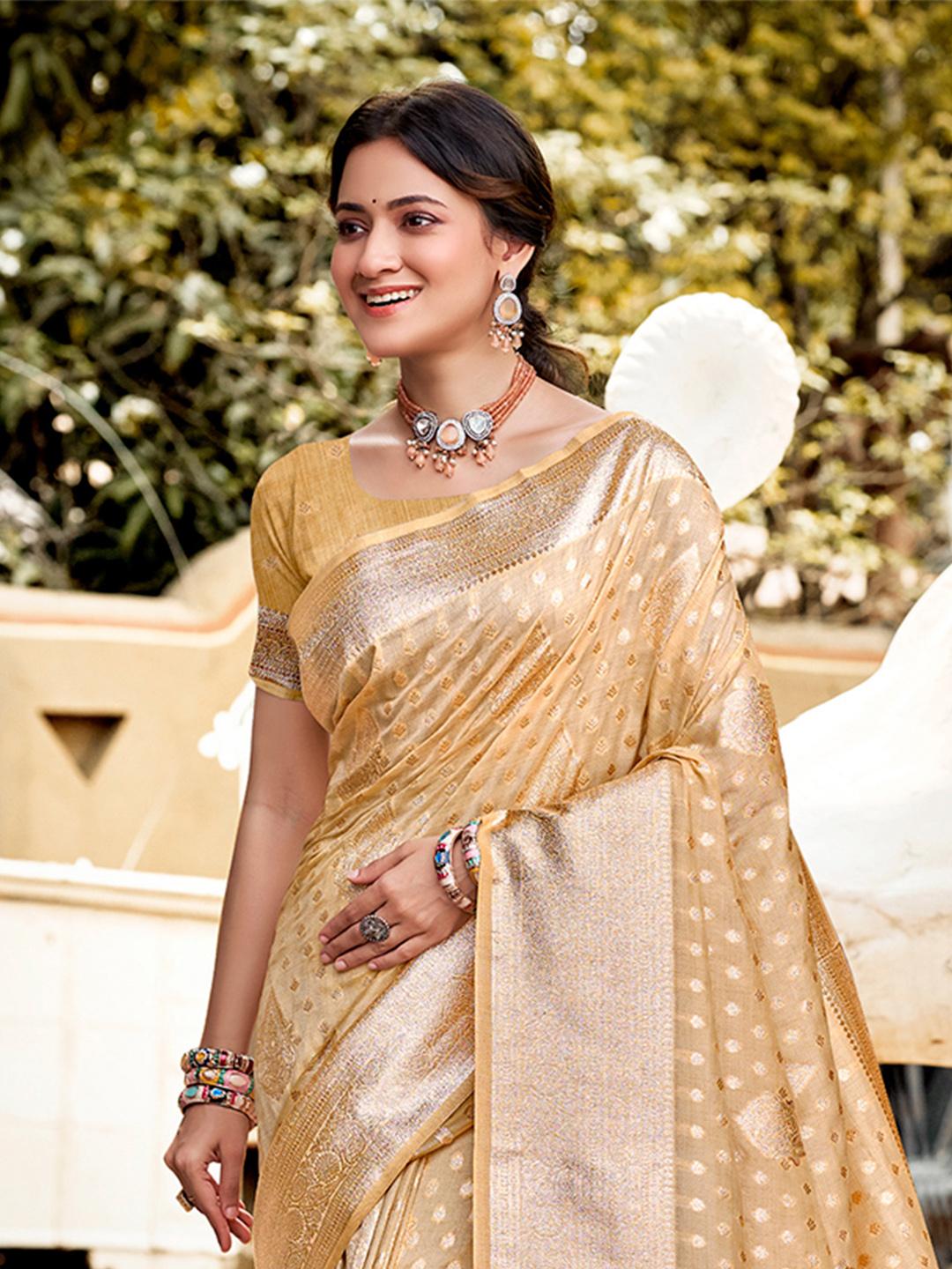 Cream Zari Work Silk Saree Set - Indya