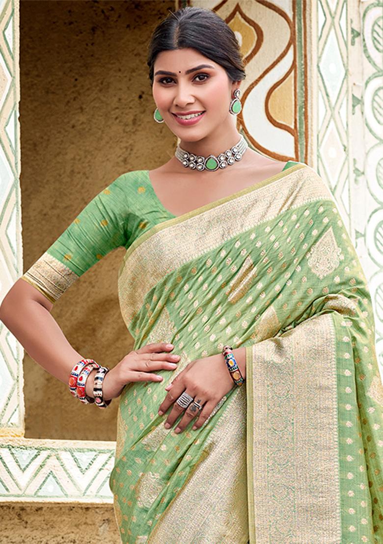 Sea Green Zari Work Silk Saree Set - Indya