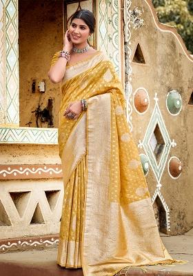 Mustard Zari Work Silk Saree Set