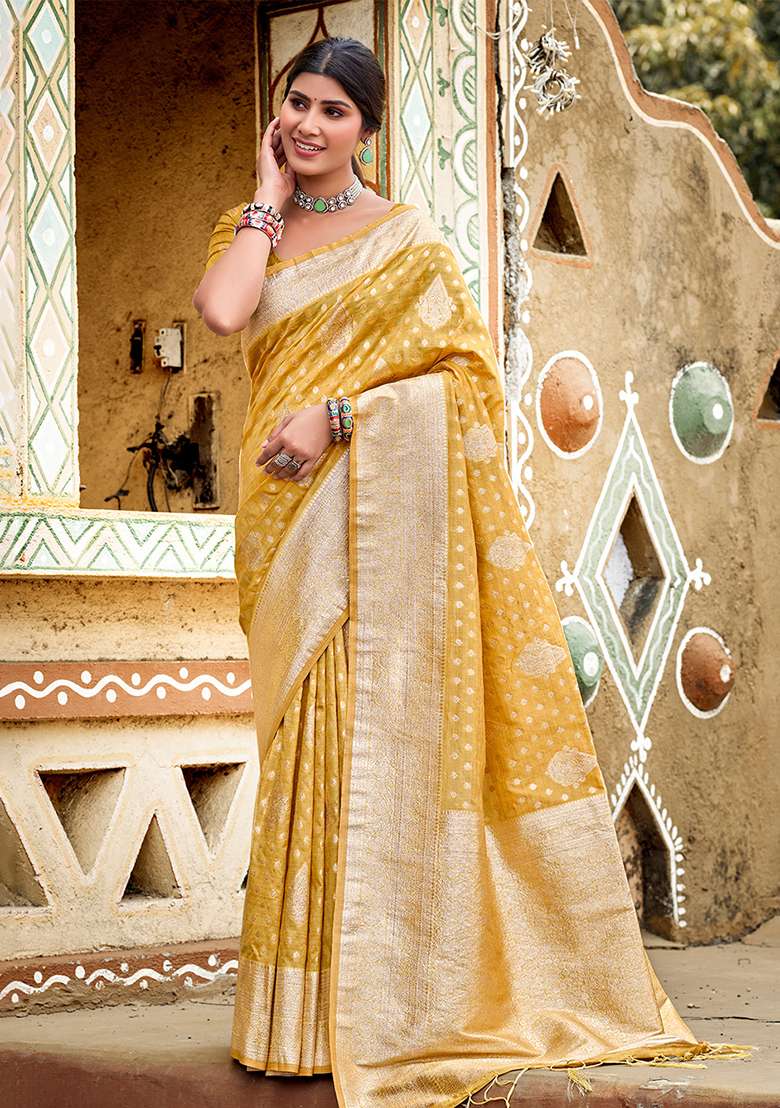 Mustard Zari Work Silk Saree Set for Diwali and Festive Wear - Indya