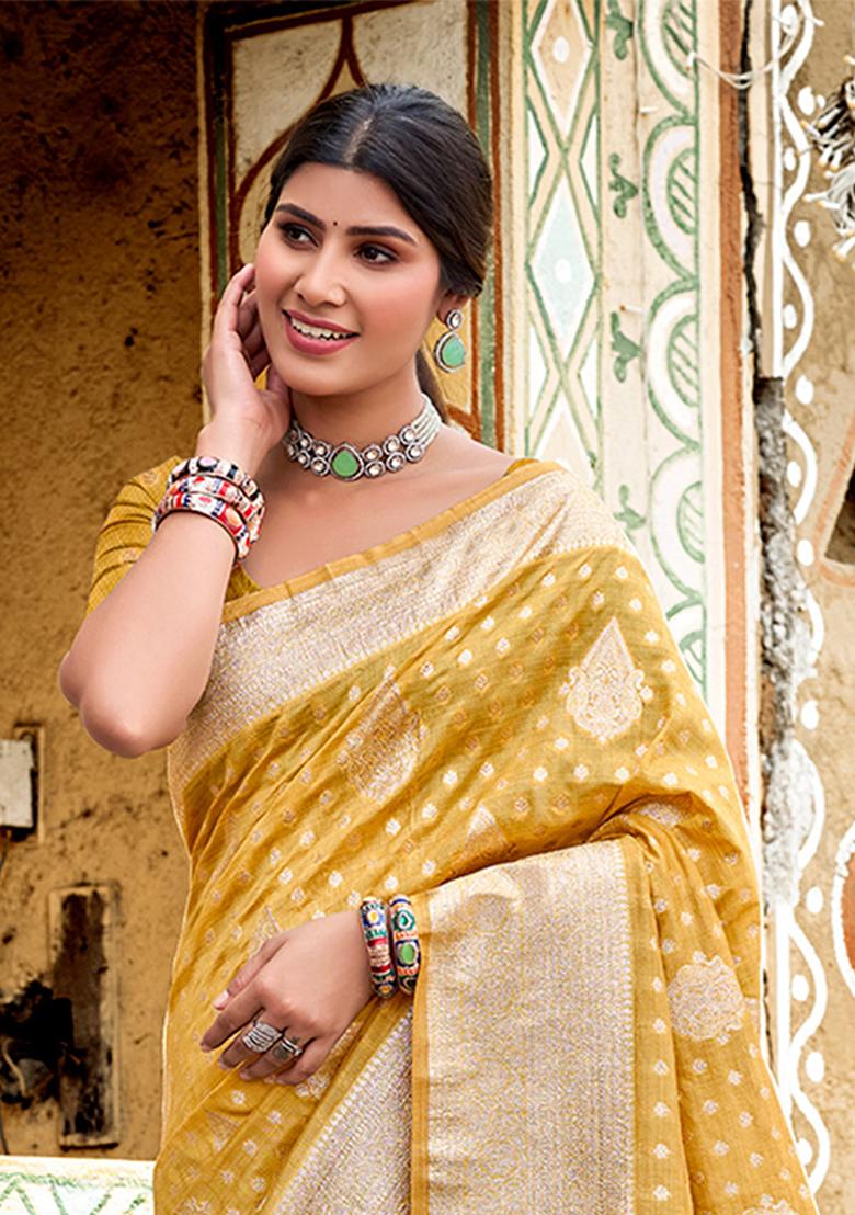 Mustard Zari Work Silk Saree Set - Indya