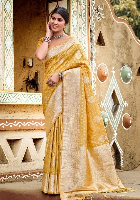 Mustard Zari Work Silk Saree Set