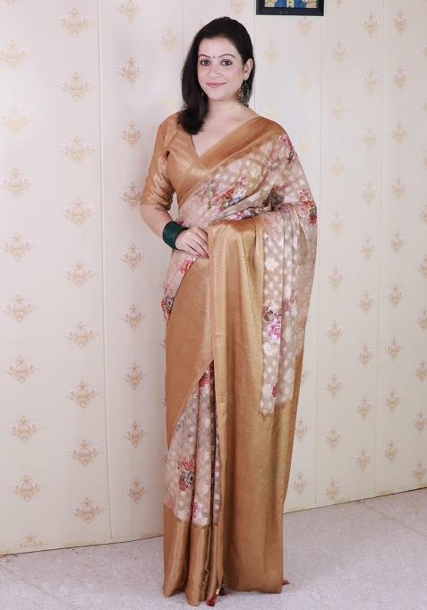 Brown Floral Print Georgette Saree Set