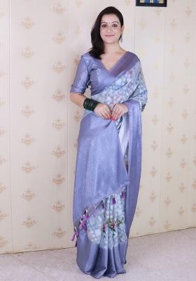 Grey Floral Print Georgette Saree Set