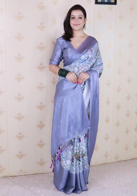 Grey Floral Print Georgette Saree Set