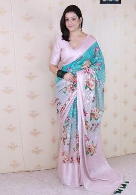 Pink Floral Print Georgette Saree Set