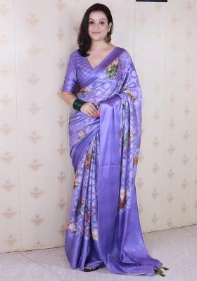 Lavender Floral Print Georgette Saree Set