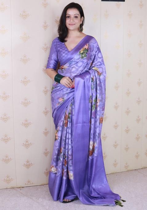 Lavender Floral Print Georgette Saree Set