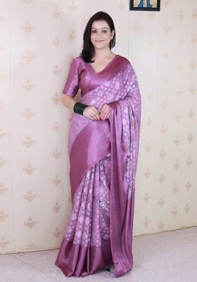 Wine Floral Print Georgette Saree Set