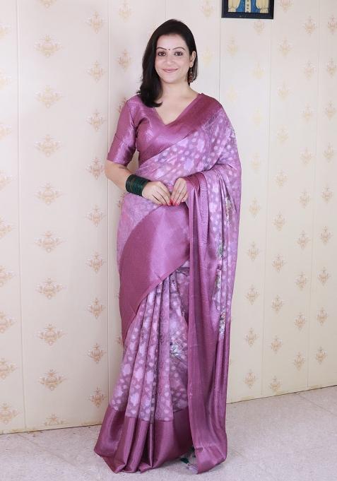 Wine Floral Print Georgette Saree Set