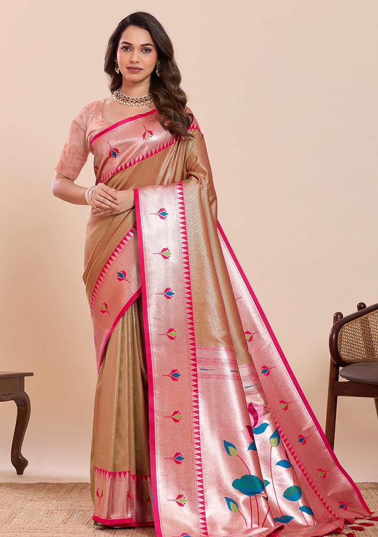 Pink Zari Work Silk Saree Set for Diwali and Festive Wear - Indya