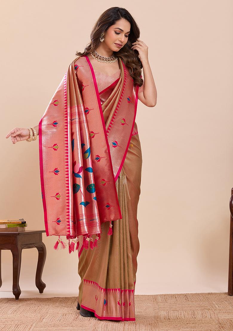 Pink Zari Work Silk Saree Set - Indya