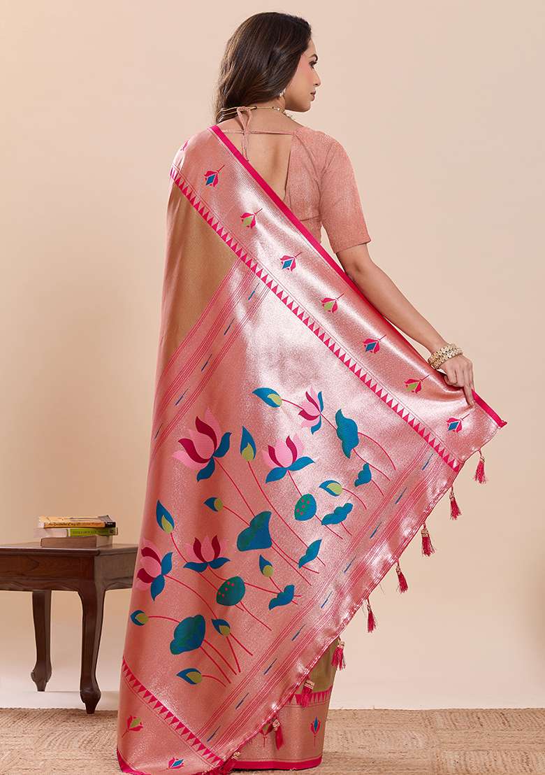Pink Zari Work Silk Saree Set for Diwali and Festive Wear - Indya