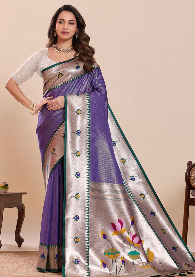 Lavender Zari Work Silk Saree Set for Diwali and Festive Wear - Indya