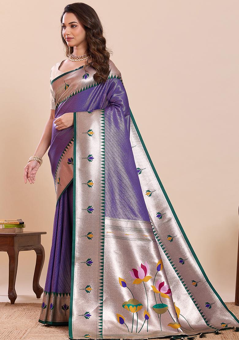 Lavender Zari Work Silk Saree Set - Indya