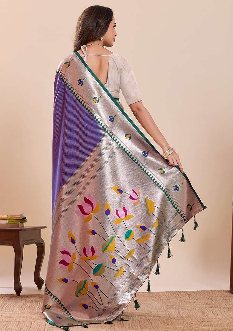 Lavender Zari Work Silk Saree Set for Diwali and Festive Wear - Indya