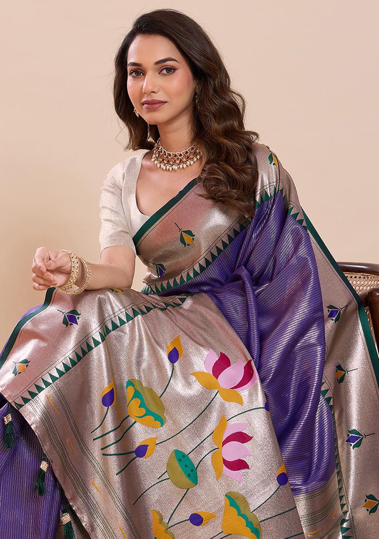 Lavender Zari Work Silk Saree Set - Indya