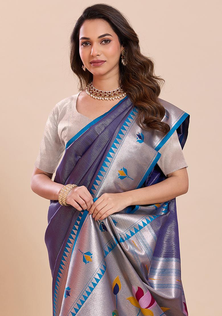 Blue Zari Work Silk Saree Set - Indya