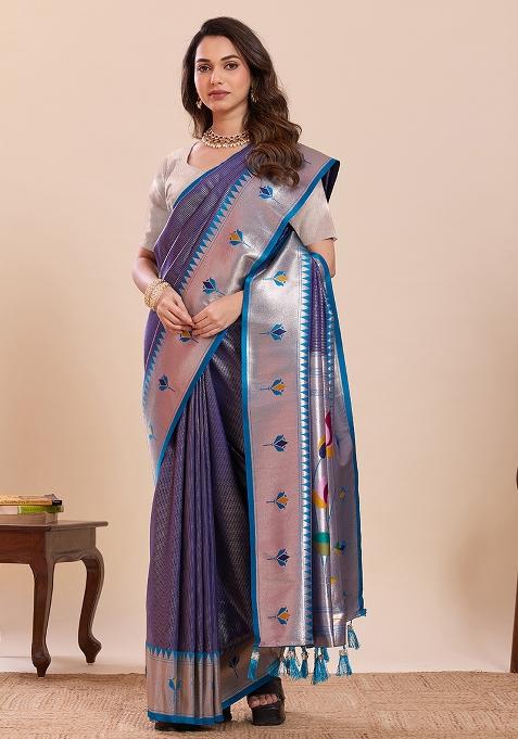 Blue Zari Work Silk Saree Set