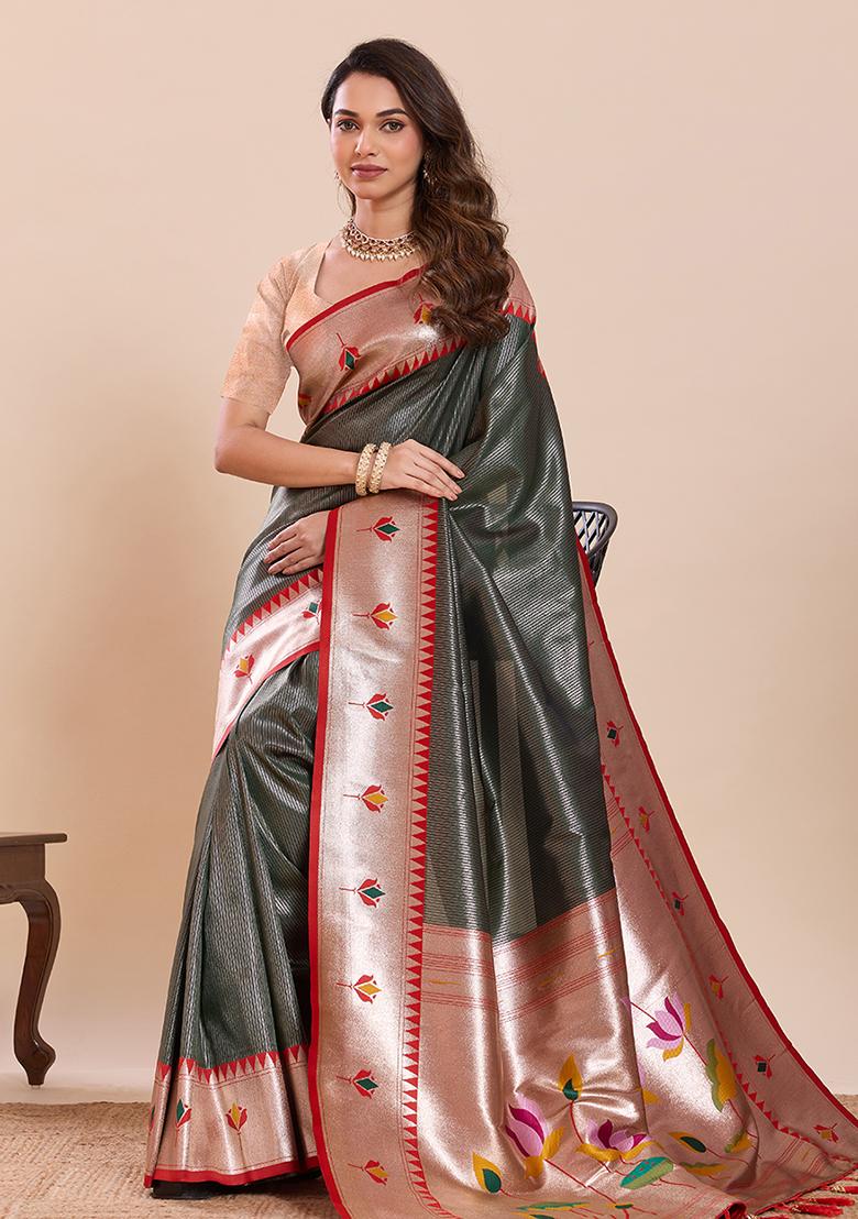 Green Zari Work Silk Saree Set - Indya