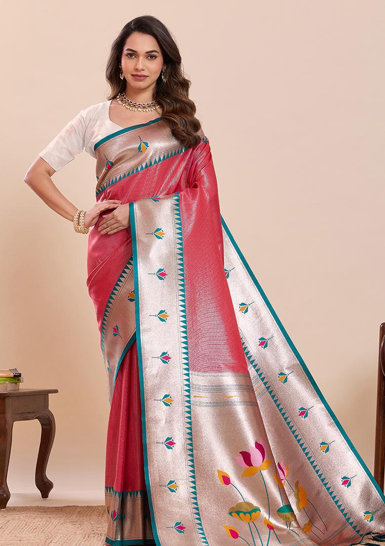 Red Zari Work Silk Saree Set - Indya