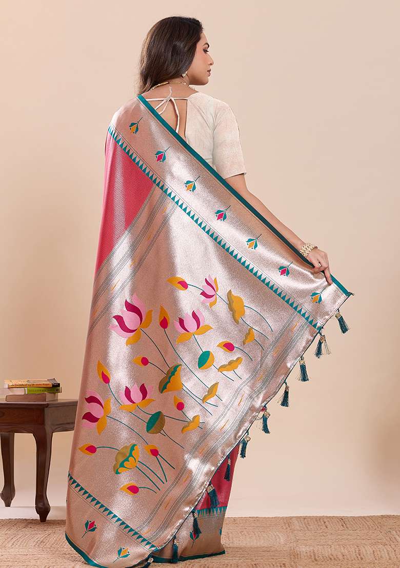Red Zari Work Silk Saree Set for Diwali and Festive Wear - Indya