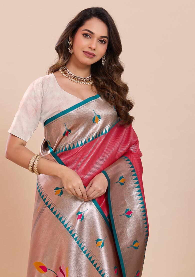 Red Zari Work Silk Saree Set - Indya