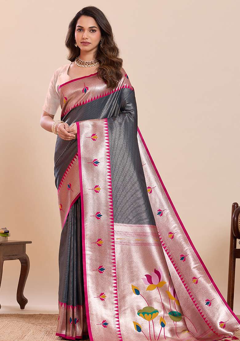 Grey Silk Saree Set with Zari Work for Diwali | Wedding & Festive Wear - Indya