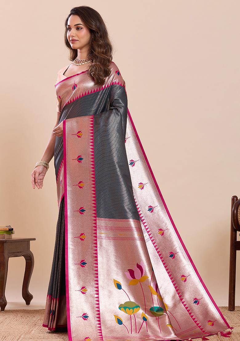 Grey Zari Work Silk Saree Set - Indya
