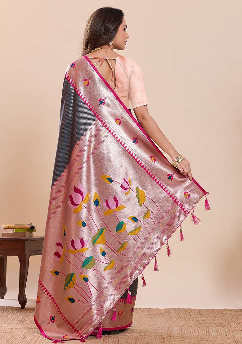 Grey Silk Saree Set with Zari Work for Diwali | Wedding & Festive Wear - Indya