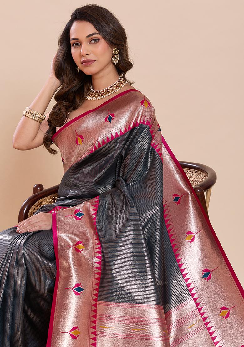 Grey Zari Work Silk Saree Set - Indya