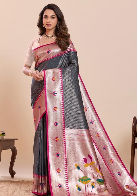 Grey Zari Work Silk Saree Set
