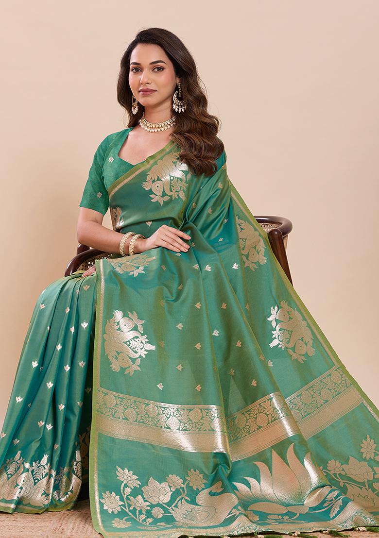 Green Zari Work Silk Saree Set - Indya