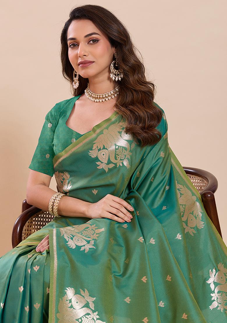 Green Zari Work Silk Saree Set - Indya