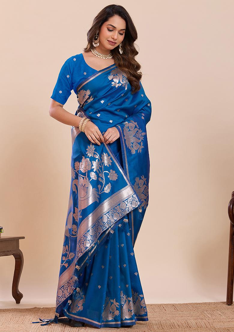 Blue Zari Work Silk Saree Set - Indya