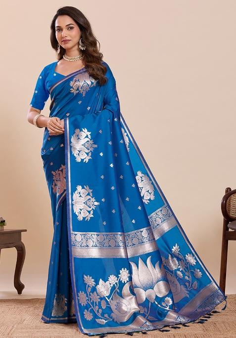 Blue Zari Work Silk Saree Set