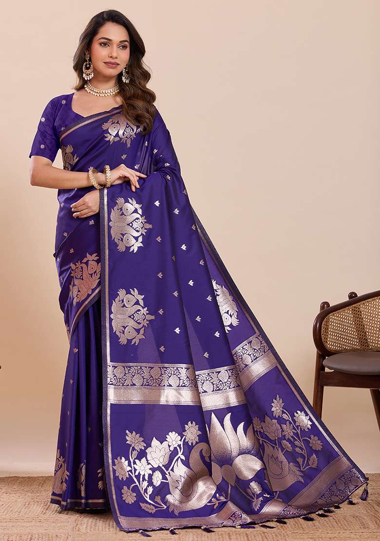 Violet Zari Work Silk Saree Set for Diwali and Festive Wear - Indya