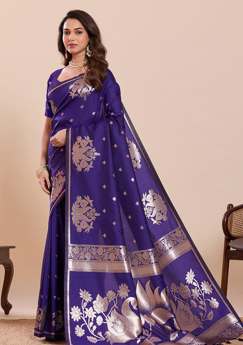 Violet Zari Work Silk Saree Set - Indya
